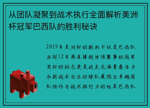从团队凝聚到战术执行全面解析美洲杯冠军巴西队的胜利秘诀