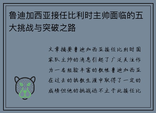 鲁迪加西亚接任比利时主帅面临的五大挑战与突破之路