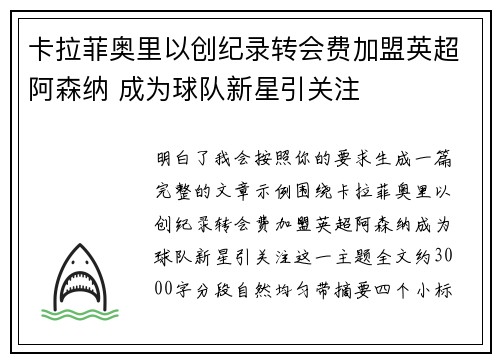 卡拉菲奥里以创纪录转会费加盟英超阿森纳 成为球队新星引关注