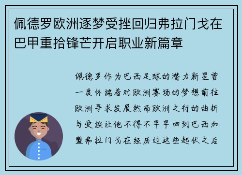 佩德罗欧洲逐梦受挫回归弗拉门戈在巴甲重拾锋芒开启职业新篇章